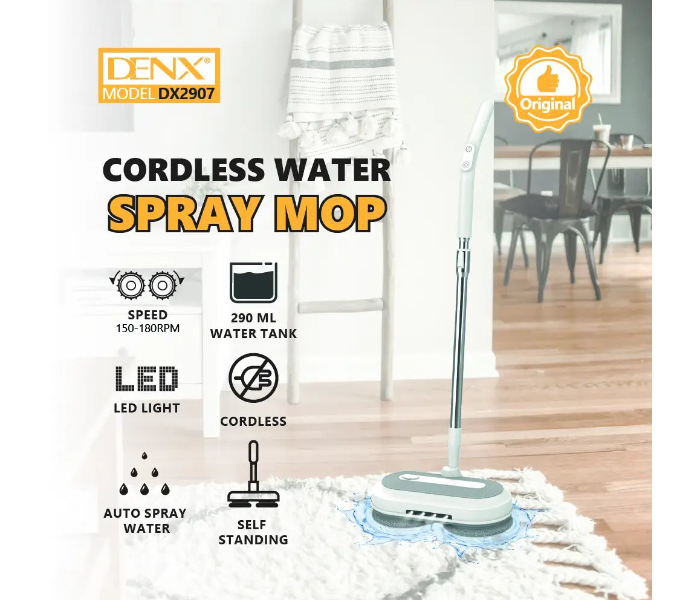 DENX DX2907 Cordless Water Spray Mop, Electric Spin Cleaning Mop with Water Tank, High-Speed Rotating Mop Head, Up & Down 90° Movement, Dual Cleaning Mop Pads, Spray Function with ON/OFF Button for Floor, Tile, Marble & Home Cleaning in UAE