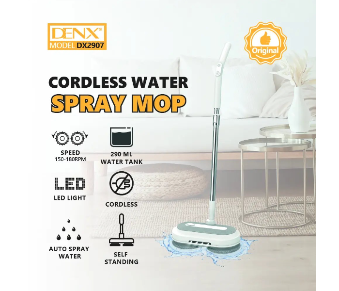 DENX DX2907 Cordless Water Spray Mop, Electric Spin Cleaning Mop with Water Tank, High-Speed Rotating Mop Head, Up & Down 90° Movement, Dual Cleaning Mop Pads, Spray Function with ON/OFF Button for Floor, Tile, Marble & Home Cleaning in UAE