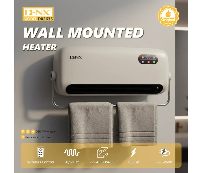 DENX DX2635 Wall Mounted Heater, Portable Electric Room Heater with 2 Heat Settings, 3-Hour Timer, Fast Heating, Overheat Protection, Compact Wall Mount Heating System for Bedroom, Bathroom, Office & Home in UAE