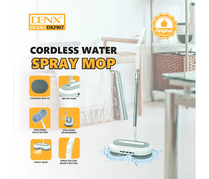DENX DX2907 Cordless Water Spray Mop, Electric Spin Cleaning Mop with Water Tank, High-Speed Rotating Mop Head, Up & Down 90° Movement, Dual Cleaning Mop Pads, Spray Function with ON/OFF Button for Floor, Tile, Marble & Home Cleaning in UAE