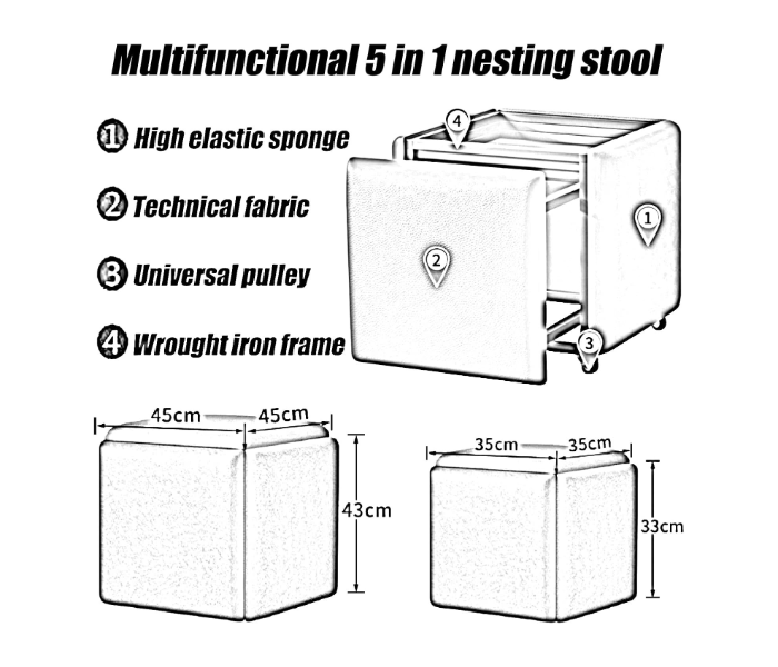  5 Pcs Rolling Stools for Coffee Table Space-Saving 360° Rotating PU Cush & Iron e Ideal for Living Room Modern Design in UAE