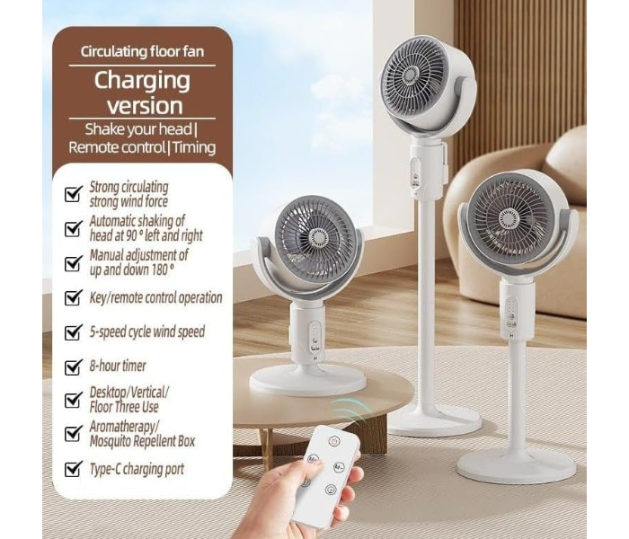 DENX DX2607 3 in 1 Air Circulation Fan with Remote | USB C Rechargeable Portable Desk & Pedestal Fan with 90 Degree Oscillation Adjustable Height 5 Speed Silent Cooling for Home Office Bedroom in UAE