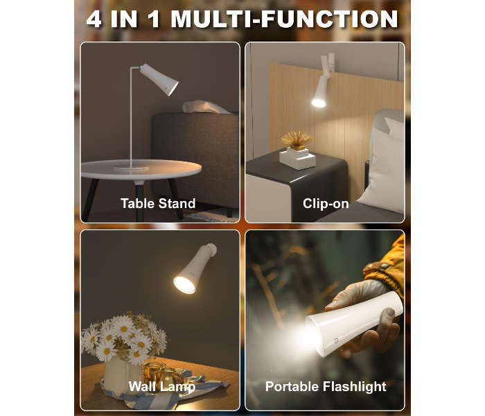 4-in-1 Magnetic LED Desk Lamp, USB Rechargeable Cordless Table Lamp, 3 Color Modes & Dimmable, 360° Adjustable for Reading, Office, Bedside, Clip-On/Wall Mount, Flashlight (White) in UAE
