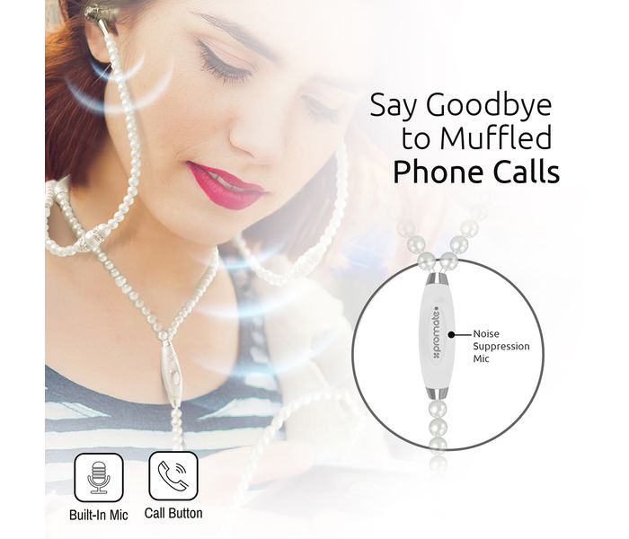 Promate Pearli Necklace Stereo In Ear Headset with Noise Cancelling, White - Zoom Image 4