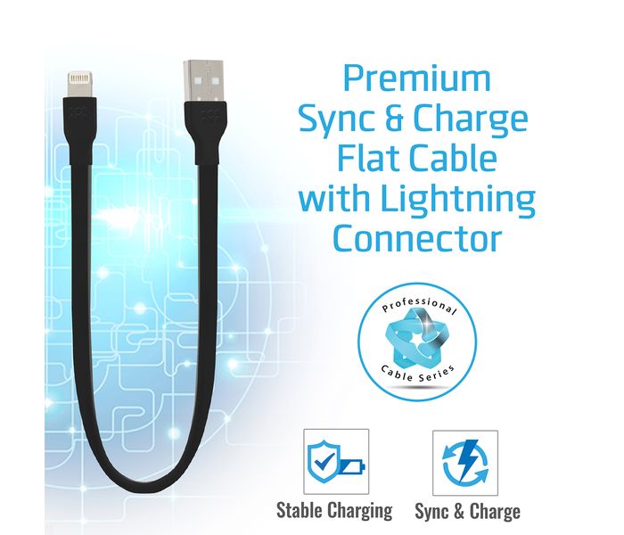 Promate LinkMate-LTS Premium Sync & Charge 20CM Flat Cable with Lightning Connector - Black - Zoom Image 1