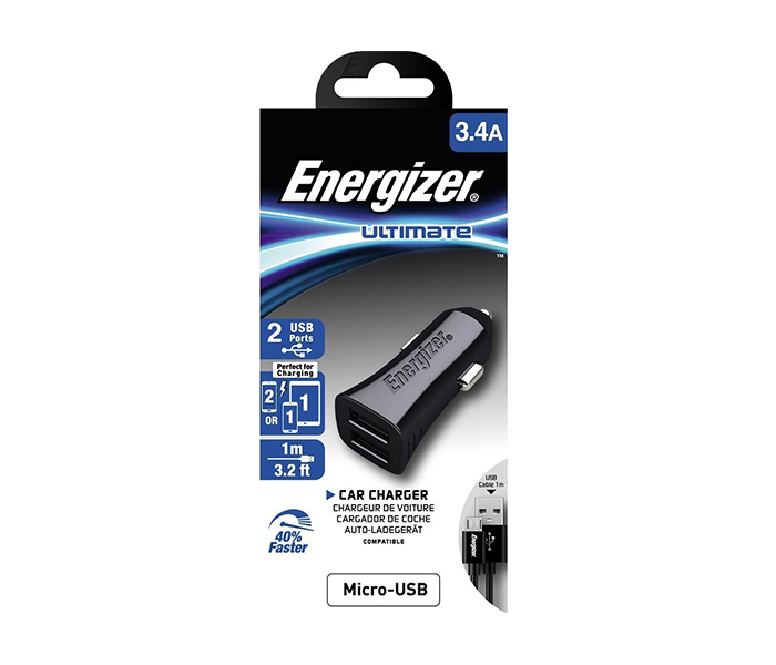 Energizer DCA2CUMC3 Dual USB Car Charger with & Micro USB Cable - Black - Zoom Image 1