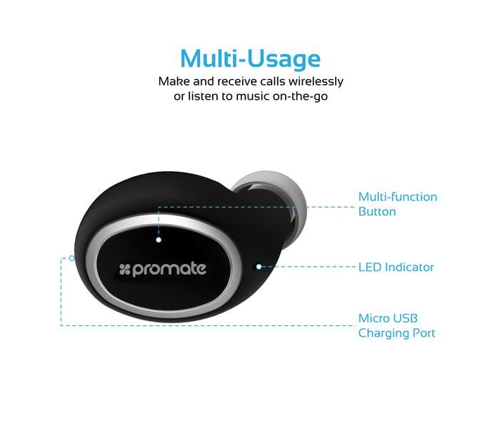 Promate Halo-2 Lightweight Universal Wireless Mono Earphone, Black - Zoom Image 1