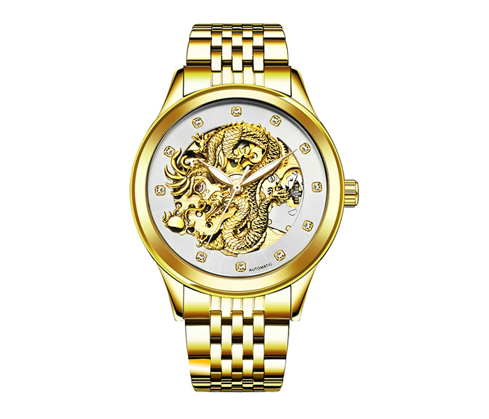 Tevise 9006-Dragon Hollow Dragon Mechanical Watch - Whole Gold & White - Zoom Image