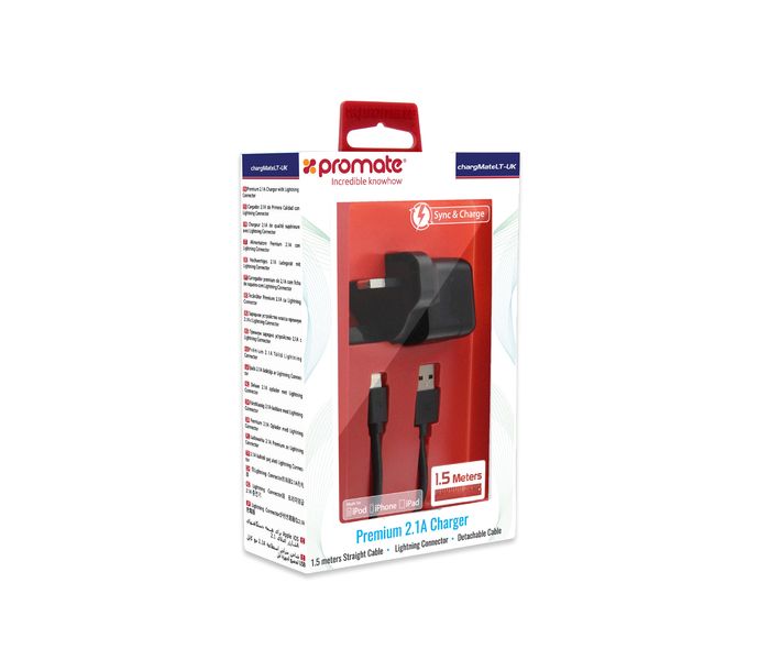 Promate ChargMateLT-UK Premium 2.1A Charger with Lightning Connector, Black - Zoom Image 1