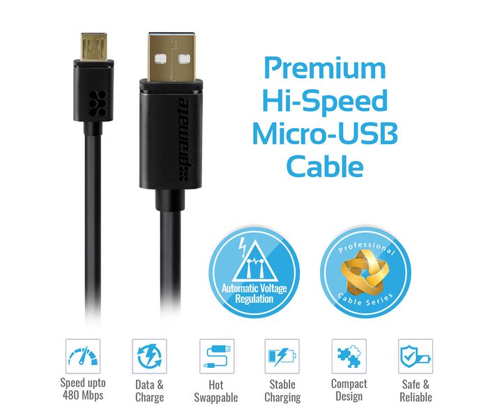 Promate LinkMate-U2 Premium USB to Micro-USB 2.0 flexShield Copper Cable for Mobile Phones - Black - Zoom Image 1