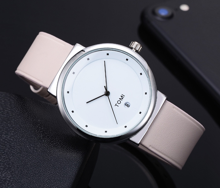 Tomi TM-0915 Maglo Faxes Genuine Quality Leather Band Wrist Watch for Unisex - White - Zoom Image 2