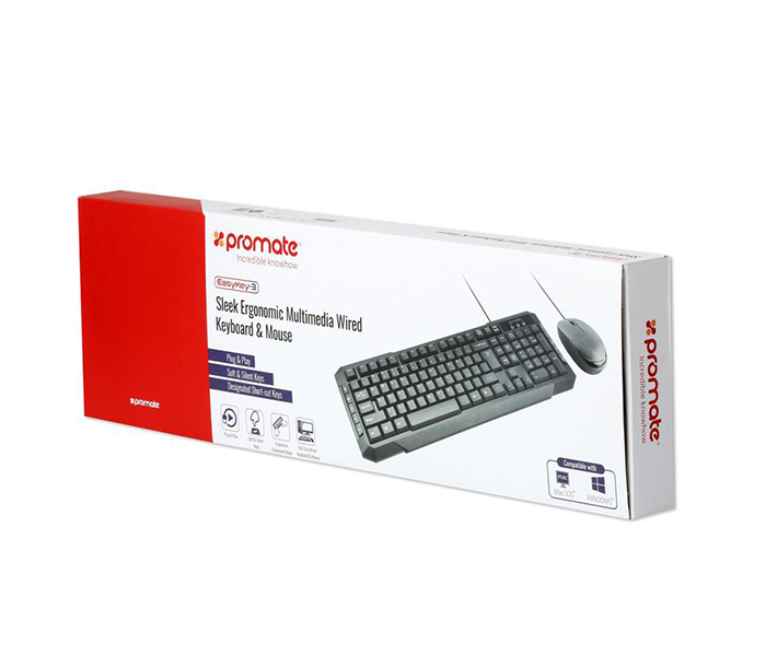 Promate EASYKEY-3 Sleek Ergonomic Multimedia Wired Keyboard & Mouse - Black - Zoom Image 5