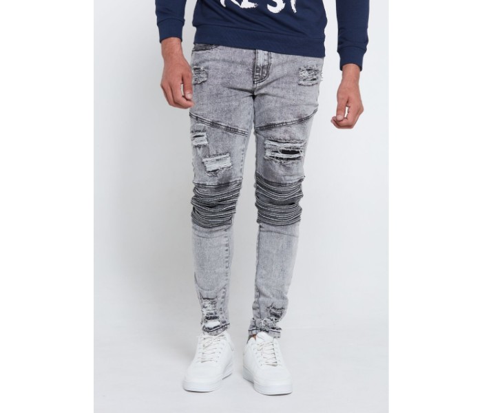 Petro OU10023 Distressed Skin Fit Biker Jeans 38-Grey - Zoom Image 4