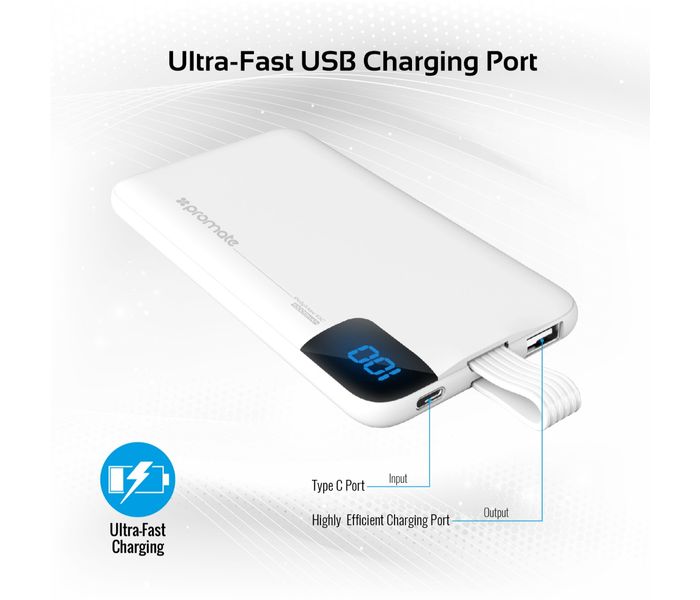 Promate Polymax-10C 10000 mAh Portable Power Bank with 2.1A USB Type C Charging Port, White - Zoom Image 5