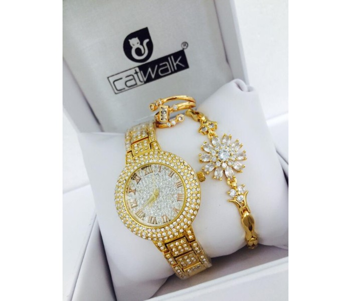 Catwalk CW-1300P Genuine Quality Fashionable Cz Womens Watch with Beauty Bracelet and Ring Gold - Zoom Image