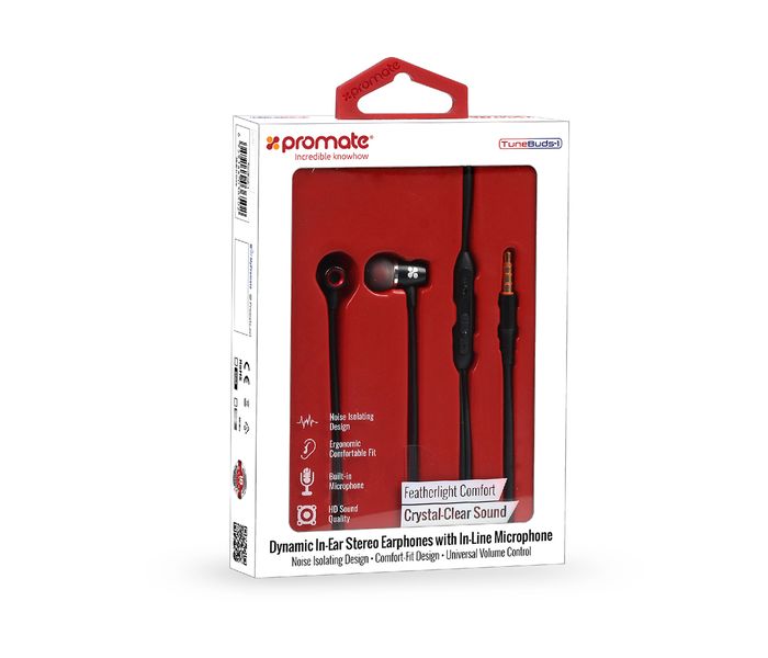 Promate Tunebuds-1 Dynamic In-Ear Stereo Earphones with In-Line Microphone, Black - Zoom Image 5