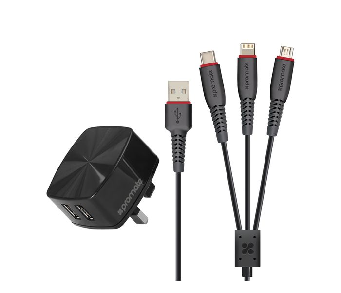 Promate FlexCharge.Uk 3 in 1 USB Type C Ultra Fast Universal Dual USB Wall Charger Kit, Black - Zoom Image 7