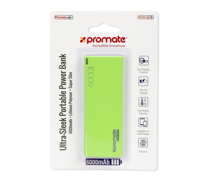 Promate Energi-6 6000 mAh Ultra Compact Portable Power Bank with 2.1A USB Port, Green - Zoom Image 6