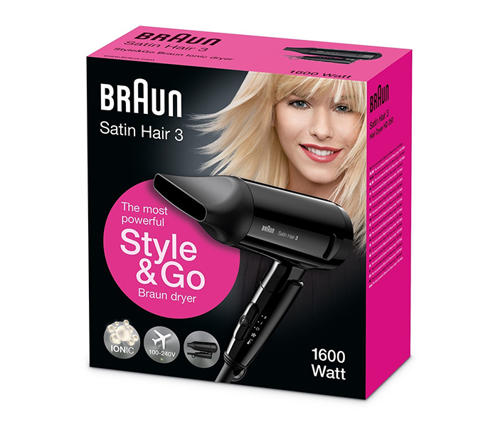 Braun HD-350 1600W Satin Hair 3 Style & Go Travel Hair Dryer, Black - Zoom Image 3