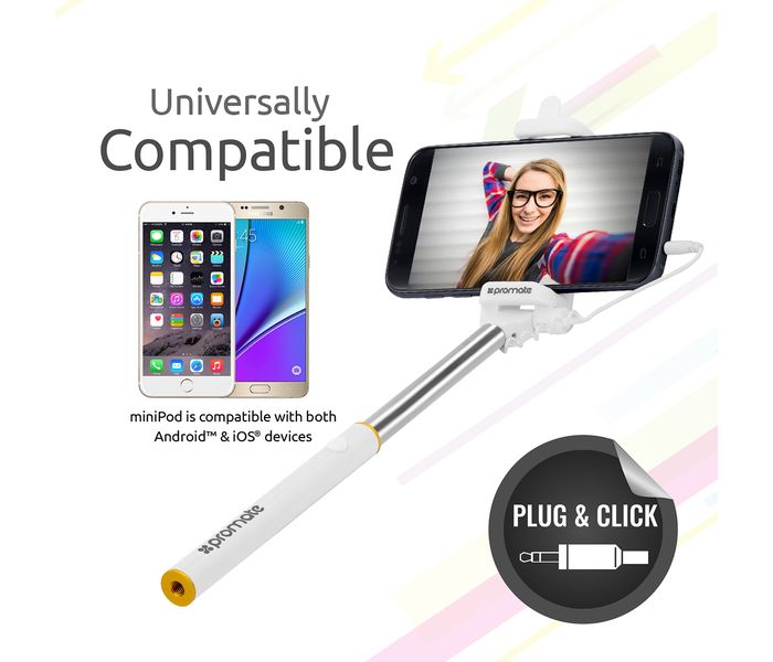 Promate Minipod Perfectly Foldable Extendable Selfie Stick Pole Wire Monopod with Remote Shutter, White - Zoom Image 5