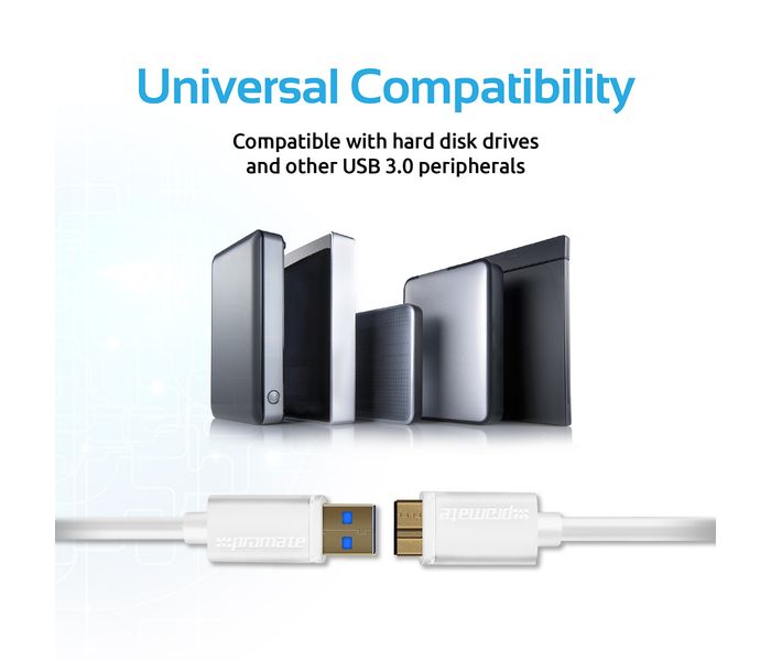 Promate LinkMate-U4L USB Type-A To Micro-B USB 3.0 flexShield PVC Coated Copper Cable for External Hard Drives - White - Zoom Image 6