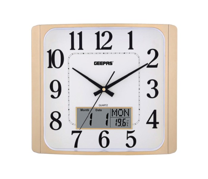 Geepas GWC4801 Wall Clock Taiwan Movement LCD Display White and Gold - Zoom Image