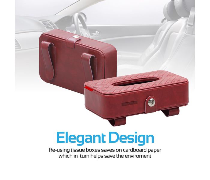 Promate TissueBox PU Leather Clip Car Sun Visor Tissue Box Holder for Facial Tissue & Other Napkin Papers - Red - Zoom Image 2