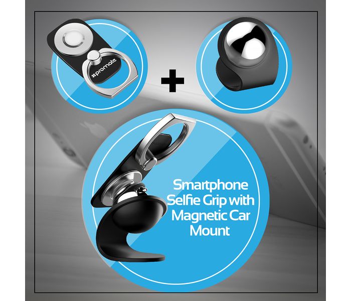 Promate RingMount 2 in 1 Phone Ring & Car Mount Holder with Stand for All Mobile Phones - Black - Zoom Image 1