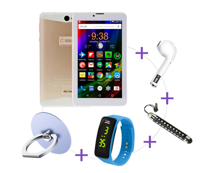 C idea CM433 7 Inch Dual Sim 1GB RAM 8GB Internal Memory Android 4G LTE Tablet With Combo of Airpod, Touch Pen, Finger Holder and LED Watch Gold - Zoom Image