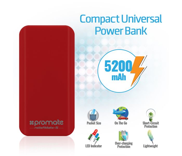 Promate ReliefMate-5 5200 mAh Universal Power Bank, Red - Zoom Image 1