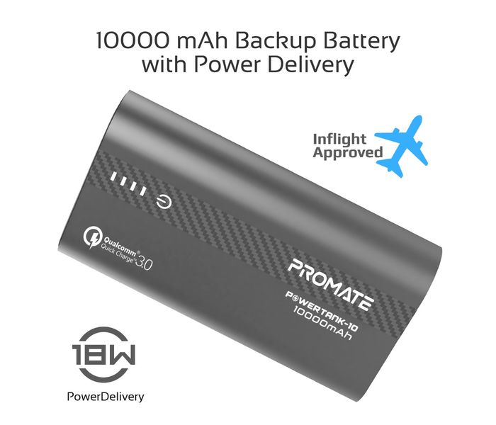 Promate Powertank-10 Portable 10000mAh with Qualcomm QC 3.0 and Over Charging Protection - Grey - Zoom Image 1