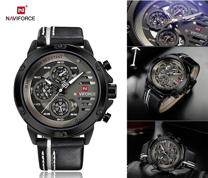 Naviforce 9110 Men Luxury Chronograph Leather Starp Watch - Black - Zoom Image 3