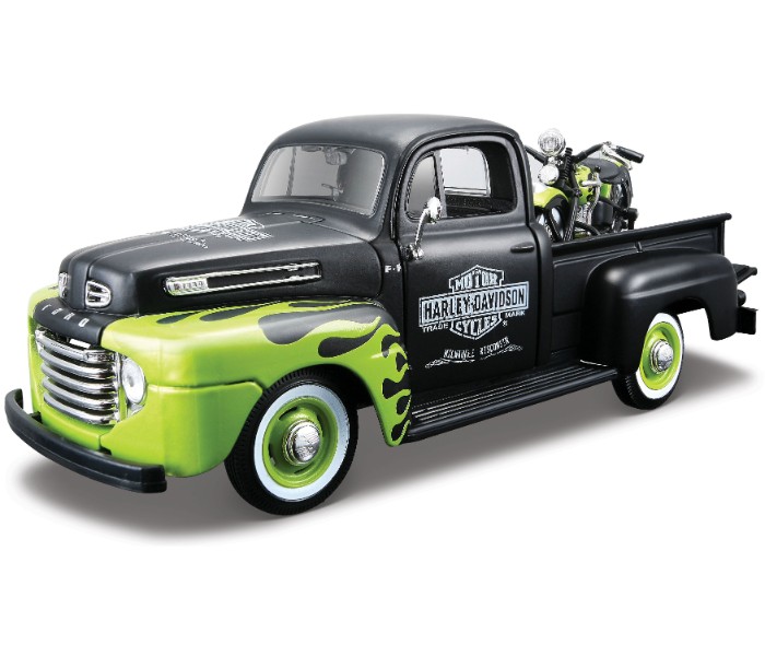 Maisto Tech 32171 1:24 HD 1948 Ford F-1 Pickup with FL Panhead Black and Green - Zoom Image