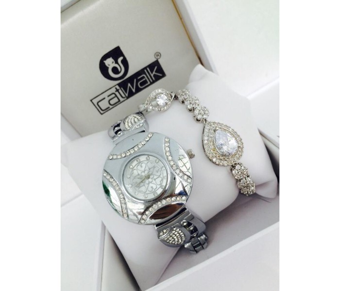 Catwalk CW-2000P Genuine Quality Fashionable Cz Womens Watch with Beauty Bracelet and Ring Silver - Zoom Image