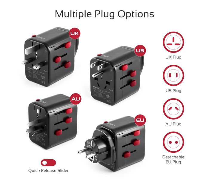 Promate Tripmate-PD18 Universal Travel Worldwide AC Wall Outlet Adapter - Black - Zoom Image 2