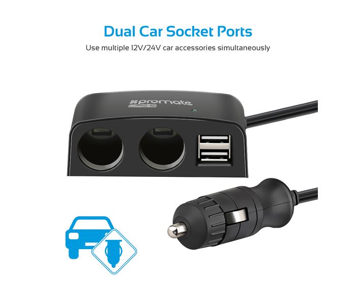 Promate CMS-5 2 Way Multi Socket Car DC Outlet Splitter with Dual USB Ports, Black - Zoom Image 1