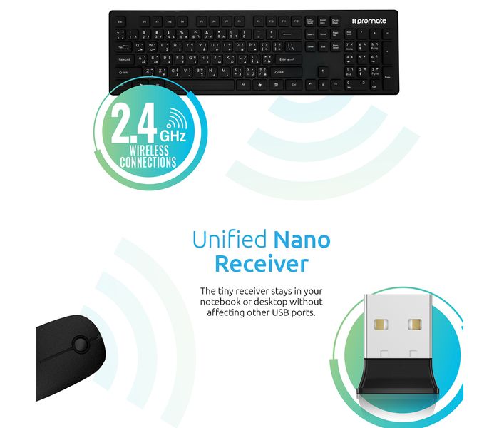 Promate Keymate-2 2.4Ghz Ultra-Slim Arabic Wireless Keyboard and Mouse, Black - Zoom Image 5