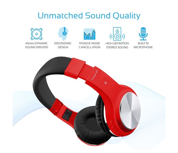 Promate Tango-Bt Foldable On-Ear Wireless Stereo Headset with Built-In Music Controls, Red - Zoom Image 2