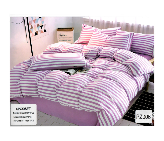 AMH PZ006 6 Pieces Striped Design Cotton Double Size Bed Sheet with Quilt Cover & Pillow Case - Orchid - Zoom Image