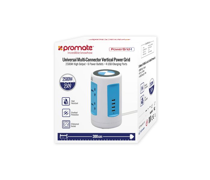 Promate PowerGrid-1.UK 2500W Universal Vertical Power Extension with 6 Outlets & 4 USB Port, Black - Zoom Image 7