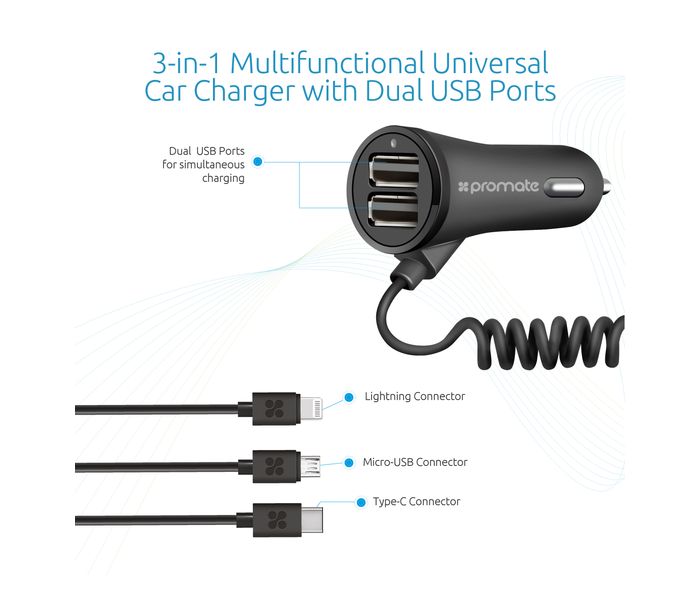 Promate Charger-Trio 3 in 1 Multifunctional Universal Car Charger with Dual USB Ports, Black - Zoom Image 5