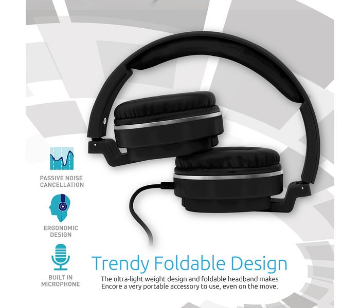 Promate Encore Lightweight Stereo Wired Heaphones with Padded Foldable Headband, Black - Zoom Image 2