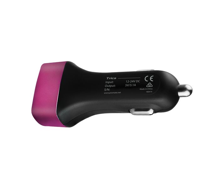 Promate Trica Ultra Fast Lightweight Universal Car Charger with 3 Port USB, Pink - Zoom Image 2