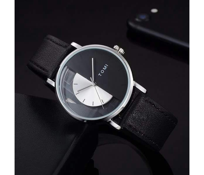 Tomi TM-0801 Maglo Faxes Genuine Quality Leather Band Wrist Watch for Unisex Black - Zoom Image