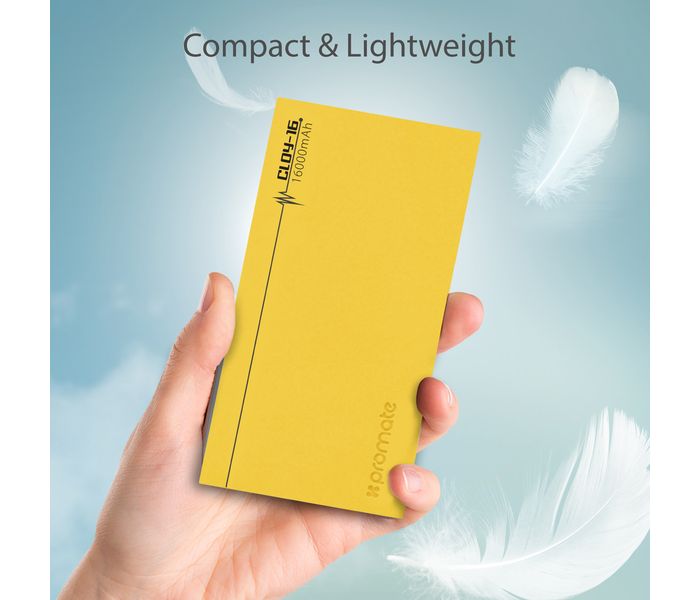 Promate Cloy-16 16000 mAh Dual USB Lightweight Portable Charger Power Bank with 4A Output Fast Charge, Yellow - Zoom Image 4