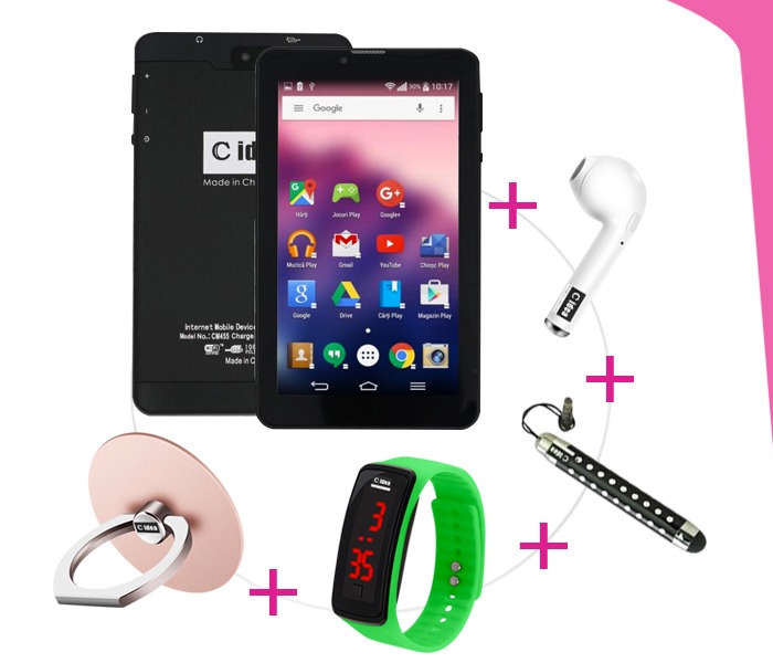 C idea CM455 7 Inch Dual Sim 1GB RAM 8GB Internal Memory Android 4G LTE Tablet With Combo of Airpod, Touch Pen, Finger Holder and LED Watch Black - Zoom Image