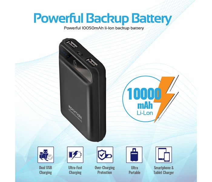 Promate Card-10 10050 mAh Portable Charger Power Bank with Ultra Fast Dual 2.4A USB Port , Black - Zoom Image 3