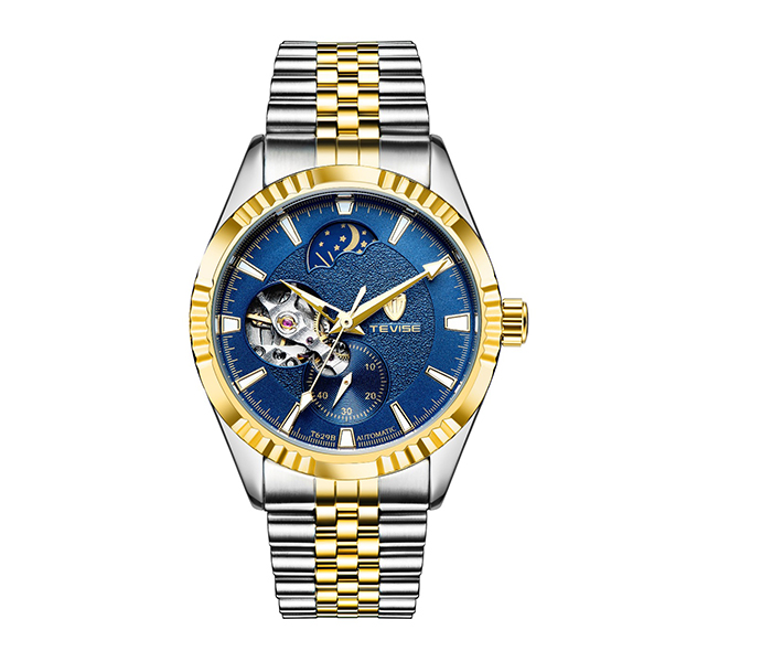 Tevise T629B Men's Moon Phase Automatic Watch - Gold & Blue - Zoom Image