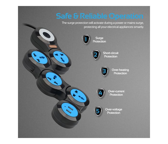 Promate PowerStrip-2.UK 180 Degree Rotatable 4 Way Outlets Foldable Power Extension with 2 USB Ports Surge Protector, Black - Zoom Image 4