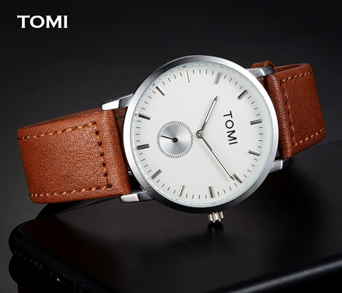 Tomi T073 BRWS Analog Leather Watch Brown & White - Zoom Image